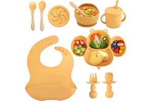 YARVPUV Silicone Baby Crockery Set, Non-Slip Children's Crockery Set with Suction Cup, 8-Piece Crockery Set Baby: Baby Plate, Children's Plate with Suction Cup, Silicone Cup, Spoon, Fork, Bib, Drinking Cup