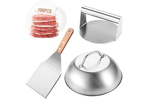 Carseatty Smash Burger Set, 4-Teilig Edelstahl Burger Set mit Burgerpresse, Burgerglocke, Grillspachtel und 100 Pcs Burger Papier, Burger Smasher Set für Leckere Hamburger, Patties, Speck, Steak