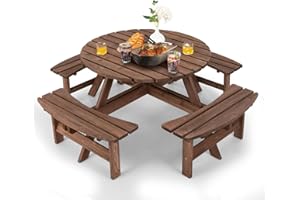 GIANTEX Set di Tavolo e Panche Da Esterno Rontondo in Legno, Set di Mobili da Giardino per 8 Persone con Foro per Ombrellone, Resistente alle Intemperie, 178x178x70 cm