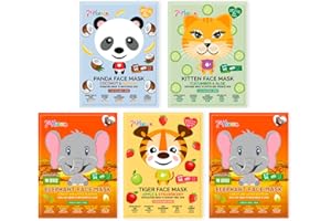 7th Heaven Kids Sheet Face Masks x 5 - Fun Animal Printed Face Mask Sheets to Hydrate Young Skin (Ages 8+) - Panda, Kitten, Tiger and Elephant Face Masks