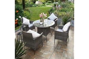 RayGar 5pcs Rattan Dining Set Garden Patio Furniture - 4 Chairs & Round Table - Grey