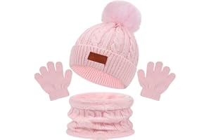 CavspkArt 3Pcs Hat Scarf and Gloves Set for Baby Girls Winter Warm Knit Pom Pom Bobble Hat Pink Winter Thermal Knitted Beanie Cap Scarf Gloves Warm Accessories Sets for Toddler Kids 1-5 Years