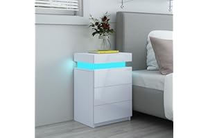 SHDFFHZ Led Bedside Table White Gloss Bedroom Unit Sofa Table with 3 Drawers 16 Colors RGB LED Nightstand Cabinet 45 x 35 x 67cm