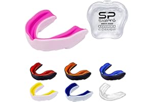 SIALPRO Double Layer Mouth Guards Slim Fit Junior Mouldable Gum Shield with Case for Boxing Men MMA Rugby Hockey Basketball Muay Thai Kickboxing Football All Contact Sports (<11 Years), White-Pink)