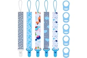 TIKPLUS 5 Pcs Dummy Clips with 5 Pcs Silicone Adapter, PP Material Baby Pacifier Clip for Boys, Soother Chain Holder Straps Teething Clips for Baby Teething Toys Baby Shower (Blue)