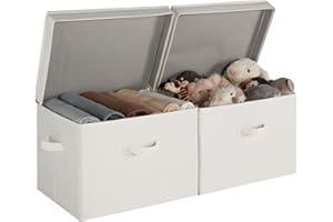 StorageWorks Storage Boxes with Lids, Extra Large Storage Baskets for Shelves, Fabric Clothes Storage Boxes with Lids, Pretty Top Wardrobe Organisation, Mixing of Beige, White & Ivory, 2-Pack