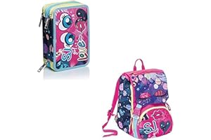 SJ Gang Schoolpack, Facce Da Girl, Zaino Sdoppiabile, Astuccio 3 Zip, Fucsia