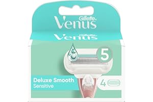Gillette Venus Deluxe Smooth Sensitive Ostrza Wymienne do Maszynki do Golenia dla Kobiet, 4 Sztuki, Wkłady do Maszynki z 5 Ostrzami i Pasekiem Nawilżającym Skinelixir