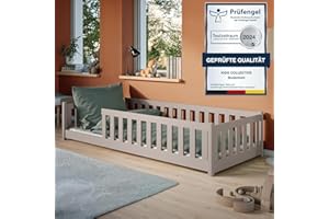 Kids Collective Lettino da terra 90x190 cm con sponda di protezione e rete a doghe Letto Montessori a sponde Lettino per bambini per ragazzi Letto singolo | cashmere Legno di pino massiccio
