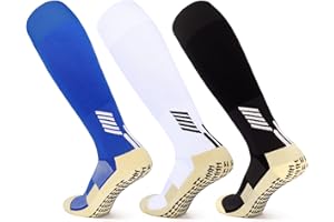 JOCMIC 3 Pairs Kids Grip Socks Football Socks, Junior Anti-slip Knee High Sports Socks Boys Long Cushioned Training Rugby Hockey Socks Aged 5-12