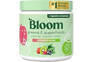 BLOOM NUTRITION Bloom Superfood Pulver Frauen – Erdbeer-Kiwi – Mit Probiotika, Enzymen, Spirulina, Chlorella – Unterstützt Darmgesundheit, Detox & Energie – Anti-Blähbauch – 25 Portionen – Smoothie Boost