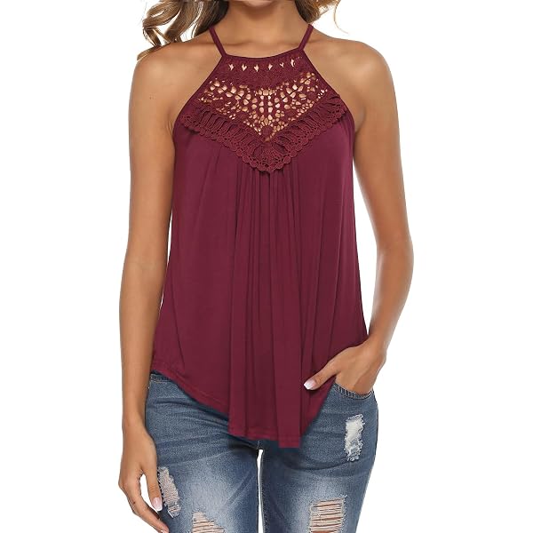 Women's Lace Halter Tank Top - Spaghetti Strap Summer Cami, Boho Flowy Tops, Brown, Sizes S-XL