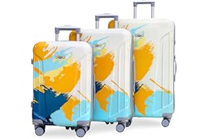 CBA 3-Piece Luggage Set – White & Blue Splash – Small, Medium & Large Suitcases – ABS PC Hard Shell, 360° Spinner Wheels, Removable Wheels, TSA Lock, Built-in Cup Holder, Spare Emergency Wheel