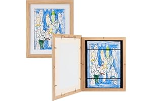 Framelane Set of 2 Cuadro Dibujos Niños A4 Natural de Roble FSC con Panel Magnético, Cintas Elásticas para 50 Obras, Ganchos Horizontales y Verticales, Marco de Arte para Niños, Incluye Passepartout
