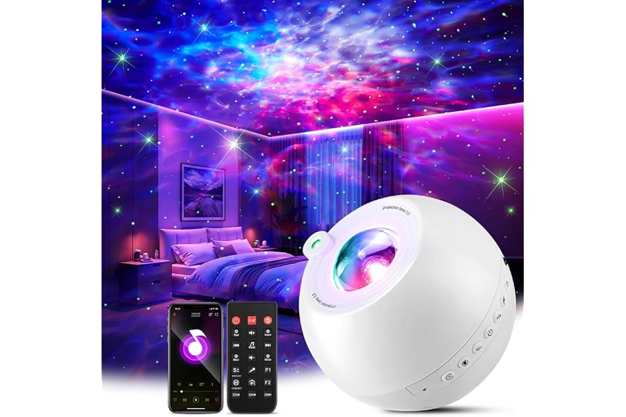 One Fire Sternenhimmel Projektor Galaxy Projector Geschenke Nachttischlampe | Nachtlicht mit 15 Farben&15 Einschlafmusik, Bluetooth&Fernbedienung, Zimmer Deko Schlafzimmer, Geburtstag, Coole Sachen, Weiß