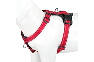 Plutus Pet Adjustable No Pull Dog Harness with Leather Accents, Heavy Duty Reflective Nylon Vest for Training, Hiking, Easy Walk Harness for Small, Medium, Large Dogs (Red, L)