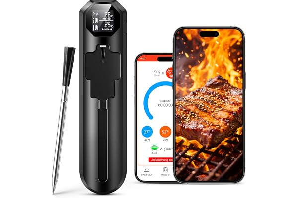 maxtachi Thermomètre Cuisine Sans Fil, Double Capteur Thermometre Cuisson avec App, 150m Sonde Temperature Cuisine Bluetooth avec Minuterie et Alarme, Thermometre pour BBQ,Grill,Fumoir,Four,Sous Vide