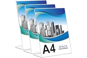 Samamoca 3 Stück A4 Tischaufsteller, Glasklarer L-Ständer Hochformat Acryl A4 Werbeaufsteller,Acryl Schilderhalter für Fotos,Cafés,Restaurants,Ausstellungen,Büros,Transparenter L Form Ständer