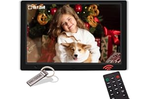 JIMWEY Digitaler Bilderrahmen 10 Zoll mit 32GB USB Stick, Bewegungssensor Kalendar Alarm 1080P IPS Display Elektronischer Fotorahmen Foto/Musik/Video Player Unterstützt Dia, USB/SD Karte, Autom. EIN/Aus