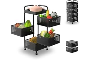 PINFENGJIAJU Rotating Kitchen Storage Rack No Assembly, Bathroom Shelf, Organizers and Storage Cart for Fruit Vegetable Grocery Corns Potato Onion(Black, 4-Tier Square)