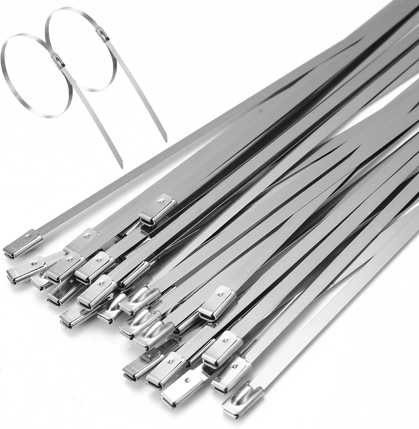 100 Piezas Bridas Metalicas, Abrazaderas Metalicas, 4,6 x 300 mm Bridas de Acero Inoxidable 304 con Bola de Acero para Envolver Cables, Cercas y Otros Requisitos