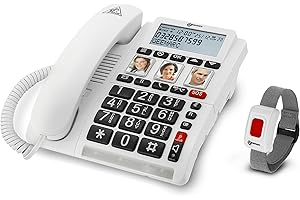 Geemarc CL610 - Emergency Response Telephone and its Waterproof SOS Bracelet with Amplified Receiving Volume and Customisable Photo Memories - Ideal for Elderly People Leaving Alone - UK Version