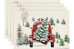 Artoid Mode Lastkraftwagen Bäume Weihnachten Platzsets 4er Set, 30x45cm Urlaub Winter Bankett Tischsets Waschbar Platzdeckchen Küche Party Deko