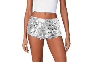 ENSSWLIZ Women's Sequins Shorts Low Waist Elastic Sparkly Party Shorts Glitter Hot Short Beach Club Streetwear