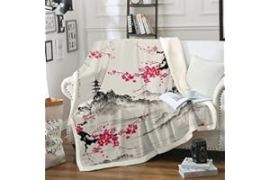 LOUSSIESD Kwiaty wiśni polar narzuta koc japoński Fuji góra szerpa koc dla dzieci chłopców dziewcząt japoński styl pluszowy koc akwarela vintage puszysty koc na sofę łóżko, podwójny 152 x 180 cm