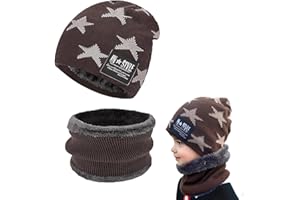 OUOQI Winter Warm Beanie Mütze und Loop Schlauchschal Mit Fleecefutter - Wintermütze und Schal-Set