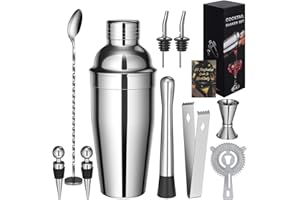 Sosayet Cocktail Shaker, 10-teiliges Edelstahl Cocktail Set mit Cocktail Zubehör- und Rezeptkarten, 750 mL Premium Barkeeper Set für Anfänger und Profis Geschenke für Männer