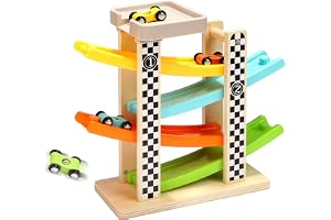 TOP BRIGHT Toddler Toys for 1 2 Year Old Boy and Girl Gifts Wooden Race Track Car Ramp Racer with 4 Mini Car