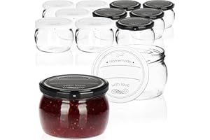 com-four® 12x Vasetti per Conserve a bulbo con coperchi a Vite Homemade with Love in Bianco e Nero - TO Ø 82 mm - Fino a ca. 260 ml