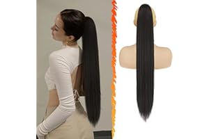 BARSDAR Largo Liso Cola de Caballo Extensiones - 76cm Negro Extensiones de Pelo Coleta con Cordón Sintetico Cola de Caballo Postizos Clip in Postiza de Pelo para Mujer - Negro Natural