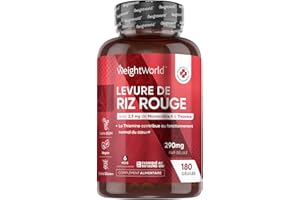 WEIGHTWORLD Levure De Riz Rouge 290mg, 180 Gélules Végan, Enrichie En Coenzyme Q10, Monacoline K et Vitamine B1, Gelules De Riz Rouge Sans Gluten Avec 6 Mois D'approvisionnement