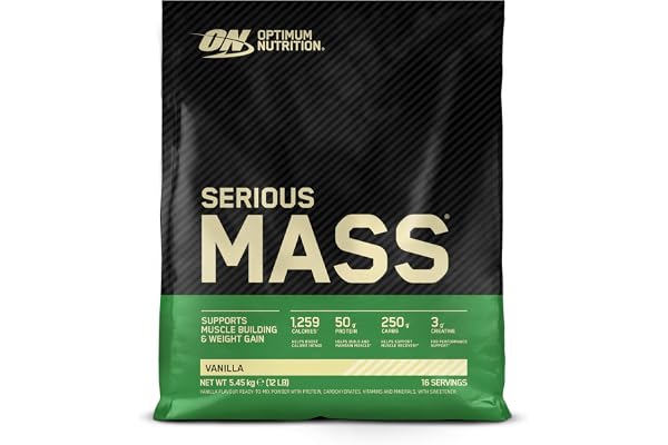 Optimum Nutrition Serious Mass Poudre de Protéine Gain de Masse Hautement Calorique avec 25 Vitamines et Minéraux, Créatine Monohydrate et Glutamine, Saveur Vanille, 16 Portions, 5.45 kg