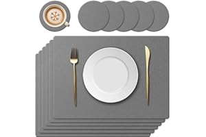 KERYCHIN Silicone Placemats and Round Glass Coasters, Washable Heat Resistant 450 °F, Non-Slip and Waterproof, Decorative Accessories for Restaurant, Kitchen, Hotel, 40 x 30 cm, 12 Pieces, Dark Grey
