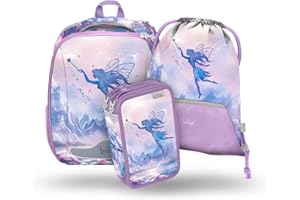 Baagl Schulranzen Mädchen Set 3 Teilig, Shelly Hartschalen Schultasche ab 1. Klasse, Ergonomische Grundschule Ranzen mit Brustgurt (Fee)