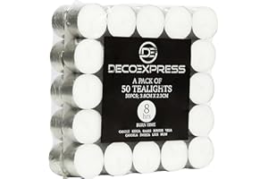 Deco Express Teelichter Multipack 200, 100, 50 oder 24 Stk - 10, 8 oder 4 Std Brenndauer – Bunte & Weiße Teelichter ohne Duft (Weiß, 50/8 Stunden)