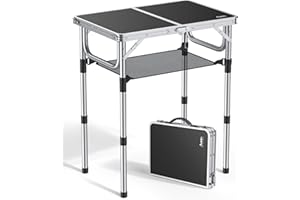 ‎ANBTE Anbte Campingtisch Klapptisch 60x40cm Aluminium Rahmen mit 3 Höhen Verstellbar 26/48/70cm Picknicktisch mit Aufbewahrungsnetz Tragbar Multifunktionstisch für Camping Strand Balkon (Schwarz)
