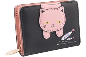 HuaJiao Cute Cat Wallet, PU Leather Wallets Small Purses with Metal Zipper for Kids Teens Girls Women (Black)