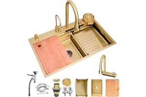 DSMRLEOP Fregadero cascada de 1 Cubeta, Multifuncional Fregadero de cocina, juego de Fregadero de Acero Inoxidable doméstico, fregadero fregadero negro con sifón, rebosadero y desagüe así como otros a