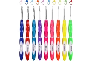 JOZEA Crochet Hooks, 9-Piece Ergonomic Crochet Hook Set with Soft Handle, 2.0 mm - 6.0 mm Crochet Hooks with Non-Slip Thumb Strips, for Crochet Beginners (Colourful)