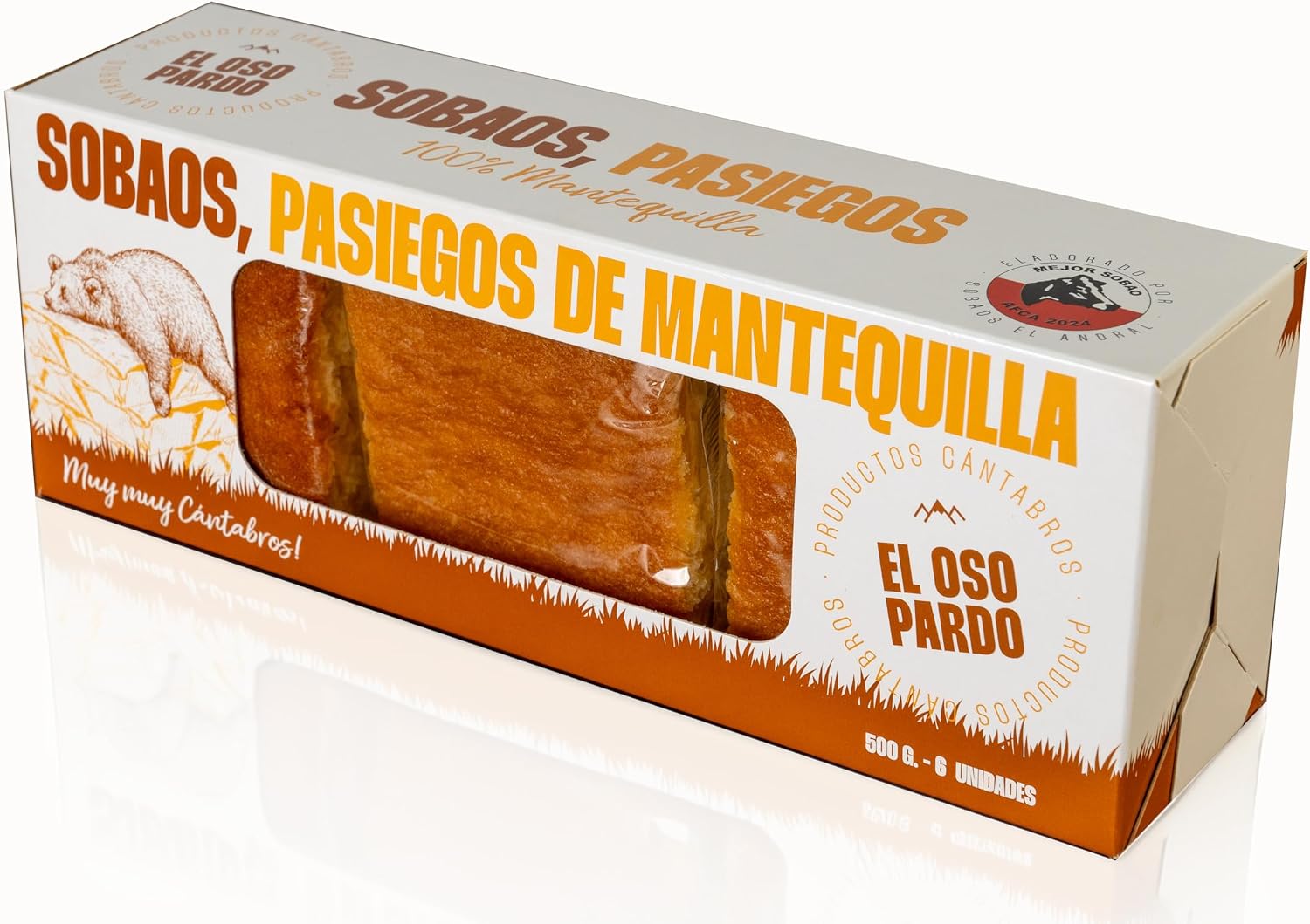 EL OSO PARDO Sobaos Pasiegos IGP - Receta Tradicional de Cantabria, Bizcocho de Mantequilla, 6 uds. Tamaño Mediano, Caja 500 g.