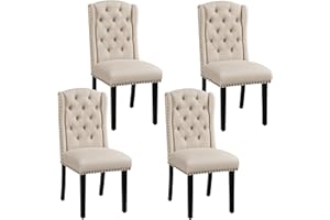 Yaheetech Set 4 Sedie Sala da Pranzo Tessuto Imbottite Eleganti Gambe in Legno Massello Schienale Alto con Bottoni Portata 140 kg Beige