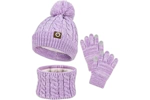 FCXVXCL Set Invernale Bambini 3 Pezzi Ragazze Cappello Sciarpa Guanti Set di Accessori Invernali Con Morbida Fodera di Berretto A Maglia,Scaldacollo E Guanto,Età 3-10 Anni