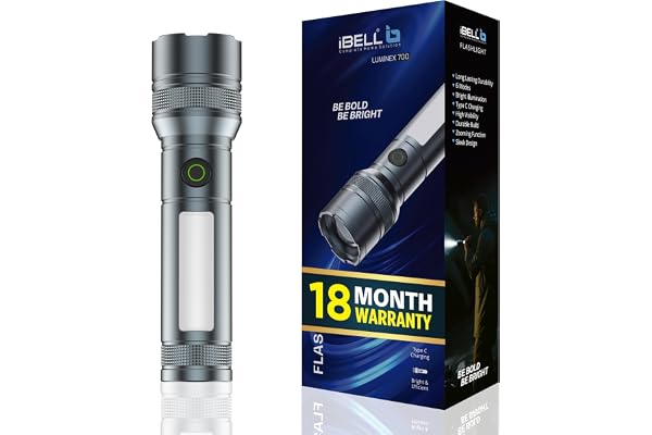 IBELL LUMINEX 700 Rechargeable Torch Light High Power, 6 Light Modes, Telescopic Zoom, Type C Charging, LED Flashlight, Super Bright & Long Distance Range, for Home, Outdoor & Emergency Use (Black)