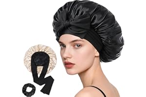 Loomify Gorro de Seda para Dormir, Gorro Saten Pelo Rizado Ajustable, Bonnet de Satén de Dos Capas, Gorros de Noche para Mujeres y Niñas (Negro/Champagne)