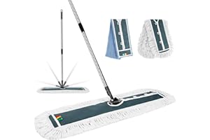 Myiosus Mocio, Professionale Mocio Industriale, Mocio Pavimento Commerciale con 129cm Manico in Acciaio Inox, Grande Mocio Pavimento con 2 Pads, Mocio Piatto in Microfibra per Ufficio Garage Hotel