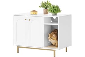 Hzuaneri Maison de Toilette Chat, Meuble Litiere Chat, Meubles Cachés, Maison pour Chats avec Porte et Cloison Séparée, Table d'appoint en Bois Domestique, 80 x 50 x 61 cm, Blanc et Or 01503GCLB
